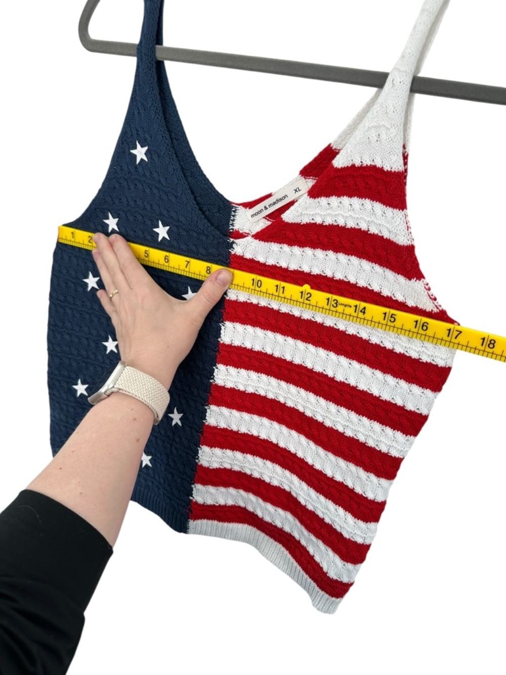 Moon & Madison American Flag Red White & Blue Stars & Stripes Knit Tank Crochet - Picture 5 of 7